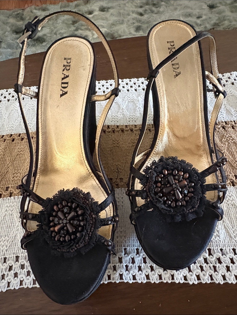 Prada Black Beaded Floral Slingback Heels with Gold Footbed